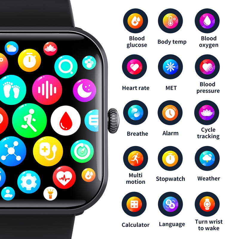 Reloj inteligente con monitor de glucosa en sangre para diabéticos y alarma de emergencia SOS.