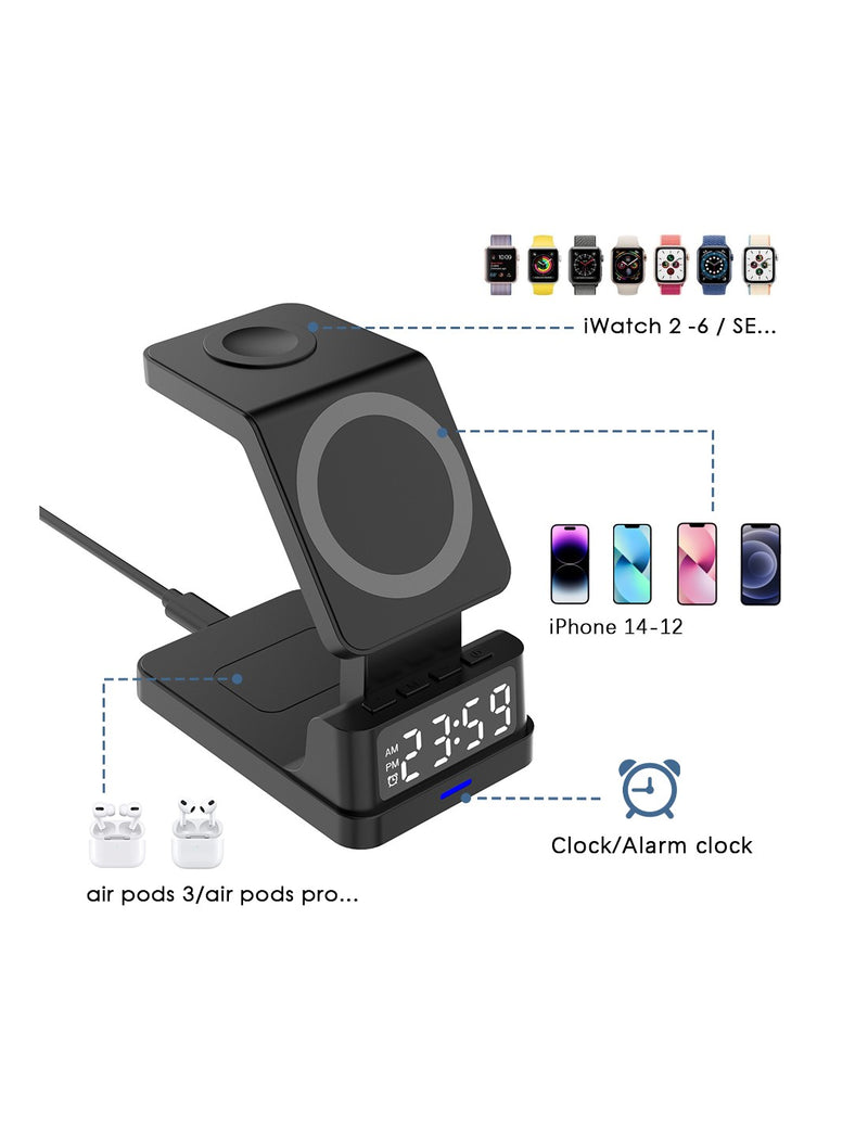 Carregador Sem Fios 3 em 1 com Relógio Digital