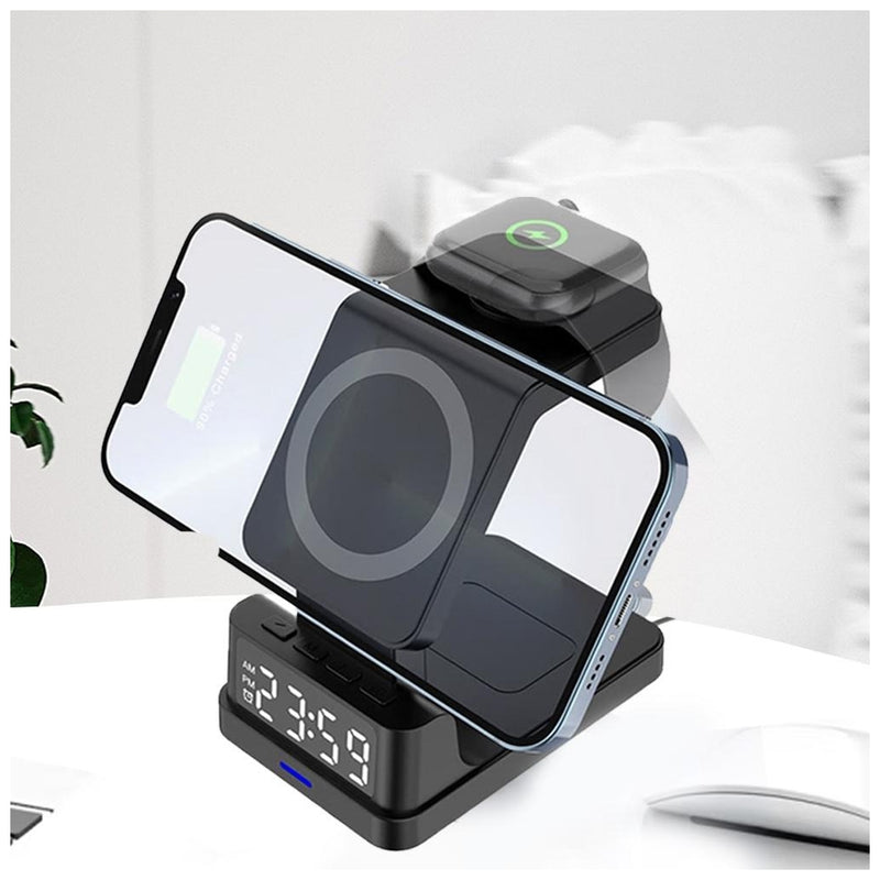 Carregador Sem Fios 3 em 1 com Relógio Digital