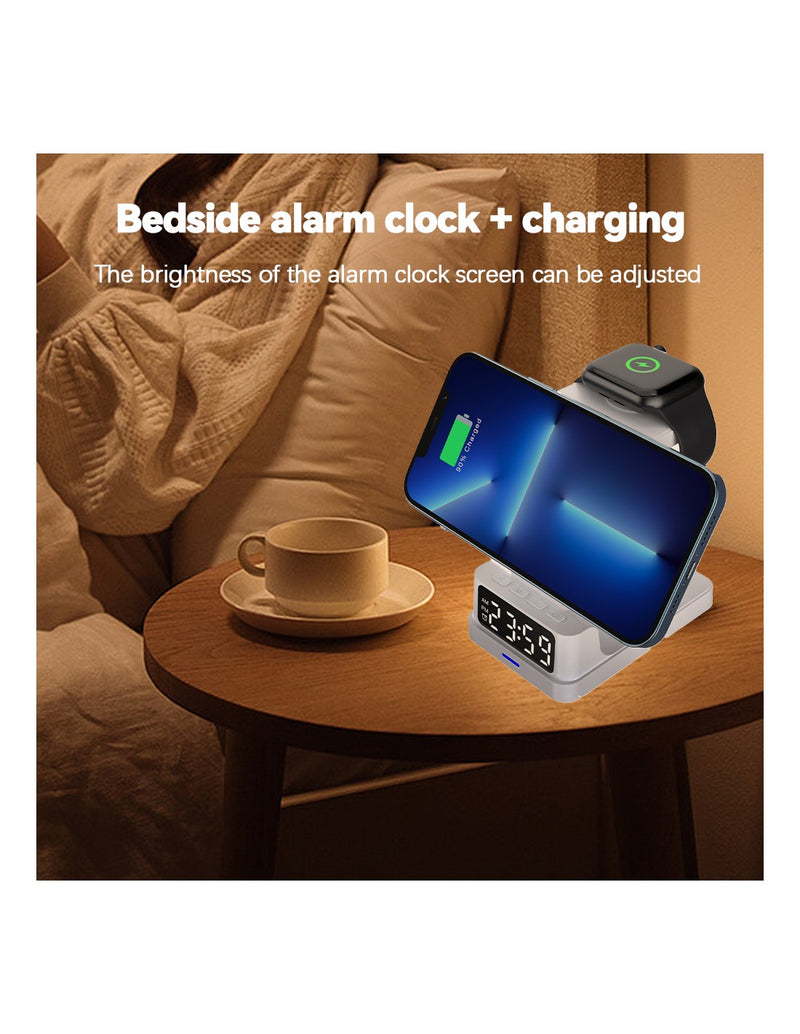 Carregador Sem Fios 3 em 1 com Relógio Digital